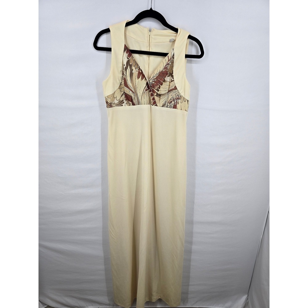 Vintage 70s Cream Empire Waist Maxi Dress Retro Psychedelic‎ Print Sleeveless 14